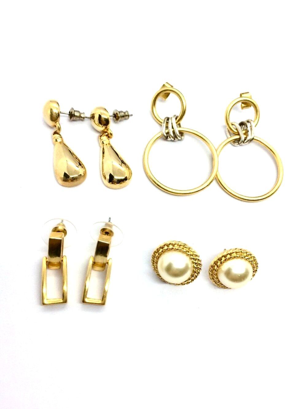 VINTAGE EARRING LOT Gold Tone 4 Pairs Mixed Metal Faux Pearl Hoop Doorknocker